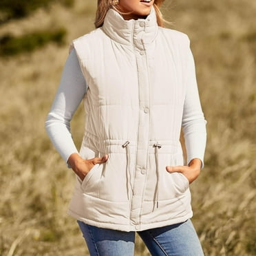 Fartey Womens Winter Outerwear Vest Dressy Casual Button Down Zip Up Padded Gilet Drawstring Sleeveless Jackets Coats with Pockets
