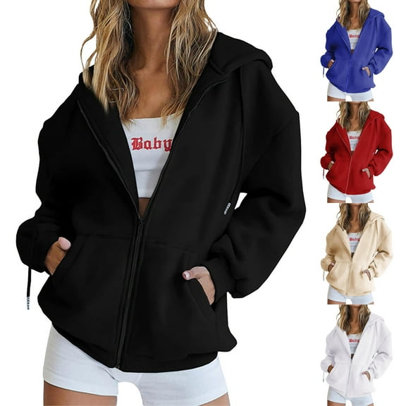 Fartey Womens Zip Up Hoodies Oversized Fall Long Sleeve Sweatshirts Fashion Simple Solid Color Drawstring Hooded Sweatshirts Y2k Preppy Jackets with Pockets Black S-2XL