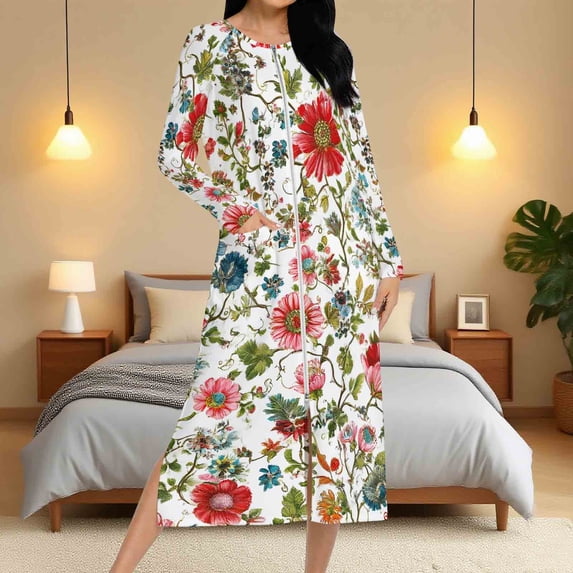 Fartey Womens Zipper Front Robes Long Sleeve Loungewear Lightweight Housecoat Vintage Flowers Print Nightdress Full Length Nightgown with Pockets Multicolor XL