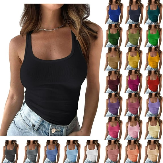 Fartey Workout Tank Tops for Women 2025 Soft Stretch U Neck Sleeveless Shirts Slim Fitted Spaghetti Strap Ribbed Camisoles Plus Size Solid Color Yoga Tanks Khaki XXL