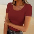 thumbnail image 1 of Fartey Workout Tops for Women Casual Scoop Neck Ribbed Knit Slim Fitted Basic Tee Shirts 2025 Summer Short Sleeve T Shirts Wine S, 1 of 4