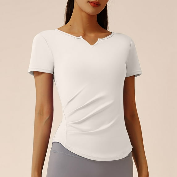 Fartey Workout Tops for Women Slim Fit Short Sleeve Yoga T Shirts Solid Color V Neck Athletic Tees Breathable Gym Running Shirts Gray XL