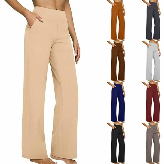 Fartey Yoga Pants with Pockets for Women Tummy Control Wide Leg Leggings Stretchy High Waisted Pants Solid Color Workout Leggings Wine L