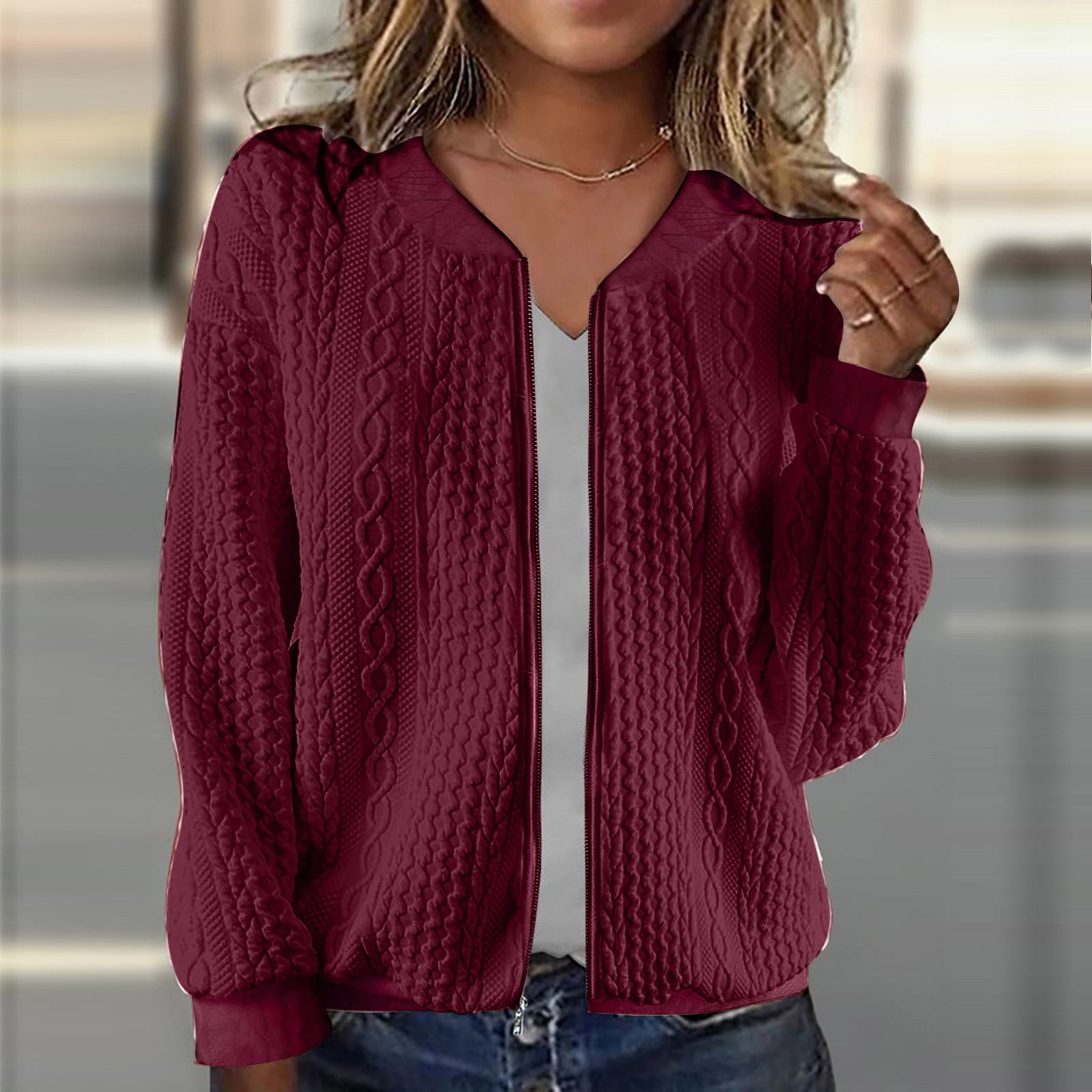 Fartey Zip Up Sweatshirt Jacket for Women 2025 Twist Jackets Soft Comfy Long Sleeve Coat Dressy Casual Stand Collar Hoodless Coats Trendy Fall Winter Solid Color Outerwear Wine S-2XL