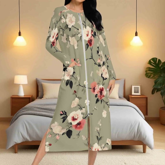 Fartey Zipper Front Nightdress for Women Vintage Floral Print House Coat Loose Long Sleeve Nightgown Full Length Loungewear with Pockets Multicolor 2XL