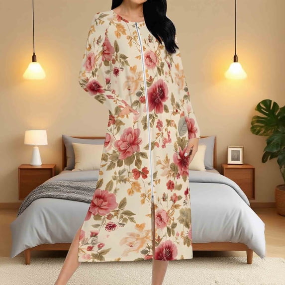 Fartey Zipper Front Nightdress for Women Vintage Floral Print House Coat Loose Long Sleeve Nightgown Full Length Loungewear with Pockets Multicolor S
