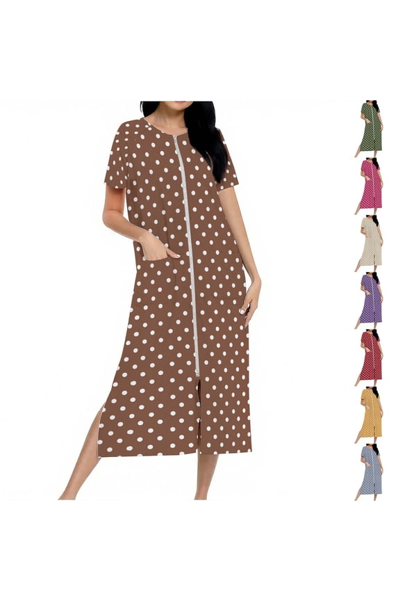 Zipper Front Robes for Women Loose Casual Short Sleeve Crew Neck House Coat Funny Polka Dots Print Nightgown Lightweight Long Loungewear with Pockets Red 2XL