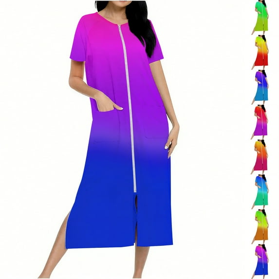Fartey Zipper Front Robes for Women Long House Coat Full Length Loose Nightgown with Pockets Gradient Print Short Sleeve Loungewear Yellow M