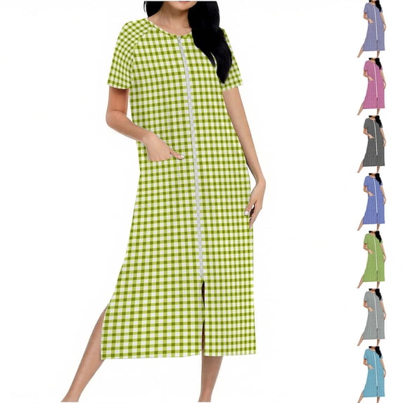 Fartey Zipper Front Short Sleeve Nightgown for Women Trendy Plaid Nightdress Long House Coat Loose Lightweight Crew Neck Loungewear with Pockets Green L