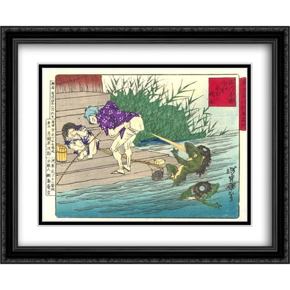Farting at a kappa at the lumber yard in Fukagawa 2x Matted 34x28 Large Black Ornate Framed Art Print by Tsukioka Yoshitoshi