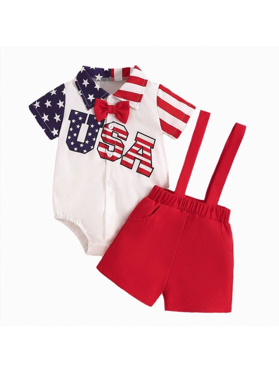 4th of July Baby Boy Outfit My First Gentleman Romper with Bowtie Stars Stripes American Flag Suspender Shorts Summer