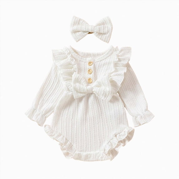 Farysays Newborn Infant Baby Girl Clothes Cotton Linen Long Sleeve Smocked Bubble Romper Ruffle Bodysuit Jumpsuit Fall Outfit
