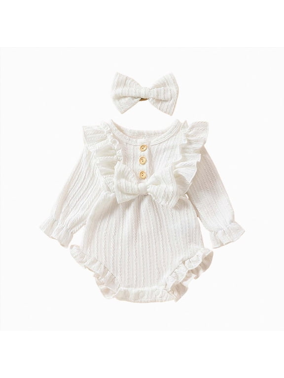 Newborn Infant Baby Girl Clothes Cotton Linen Long Sleeve Smocked Bubble Romper Ruffle Bodysuit Jumpsuit Fall Outfit