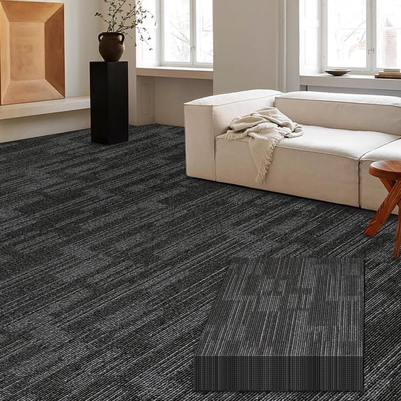 Fas Home Carpet Floor Tiles 24” x 24” Commercial Carpet Squares 18 Pcs Peel and Stick Non-Slip Office Soft Tiles DIY Installation for Living Room Bedroom Study Hotel, Dark Gray