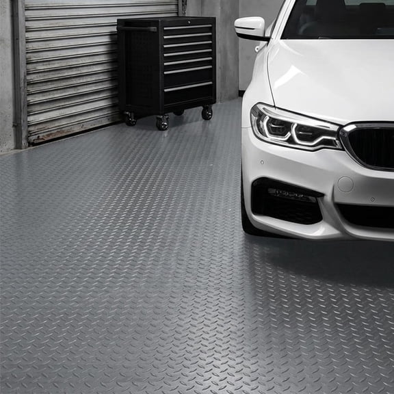 Fas Home Garage Floor Mat 7FTX15FT, 2.8mm Thick Heavy Duty PVC Diamond Plate Flooring Roll, Waterproof Non-Slip Parking Mat for Car, SUV, Truck, Motorcycle, Garage, Basement & Gym, Gray
