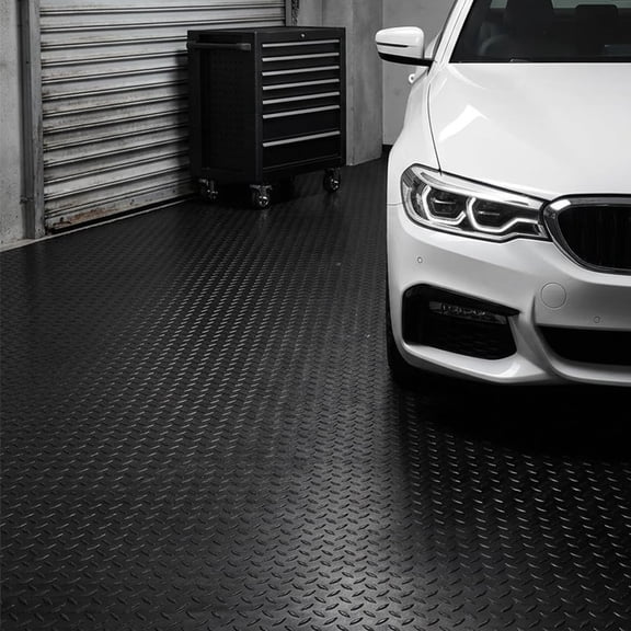 Fas Home Garage Floor Mat 7FTX7FT, 2.8mm Thick Heavy Duty PVC Diamond Plate Flooring Roll, Waterproof Non-Slip Parking Mat for Car, SUV, Truck, Motorcycle, Garage, Basement & Gym, Black
