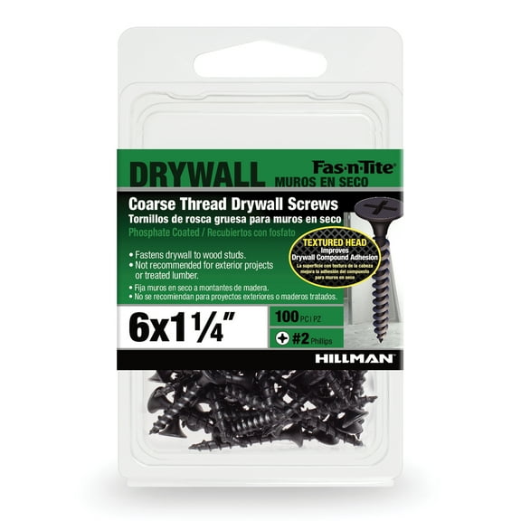 Fas-n-Tite Coarse Thread Drywall Screws, #6 x 1-1/4" Interior Screws, Phillips, 100 pack