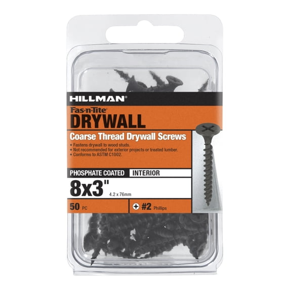 Fas-n-Tite Coarse Thread Drywall Screws, 8 x 3", Steel, Interior Screws, Phillips, 50 pack