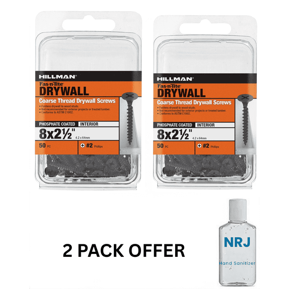 Fas-n-Tite Coarse Thread Drywall Screws, 8 x 2-1/2"Interior Screws, Phillips, 50 pack