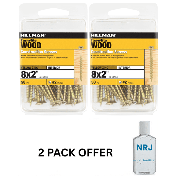 Fas-n-Tite Wood Construction Screws, #8 x 2", Steel, Yellow Zinc Finish, Interior, Phillips, Gold, 50 pack