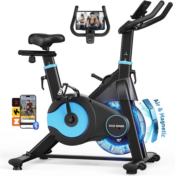 FasBrand Exercise Bike, Air & Magnetic Resistance Stationary Bike for Home, Silent Belt Drive, App Compatible Cycling Bike with LCD Monitor, 350lbs Capacity Workout Bike