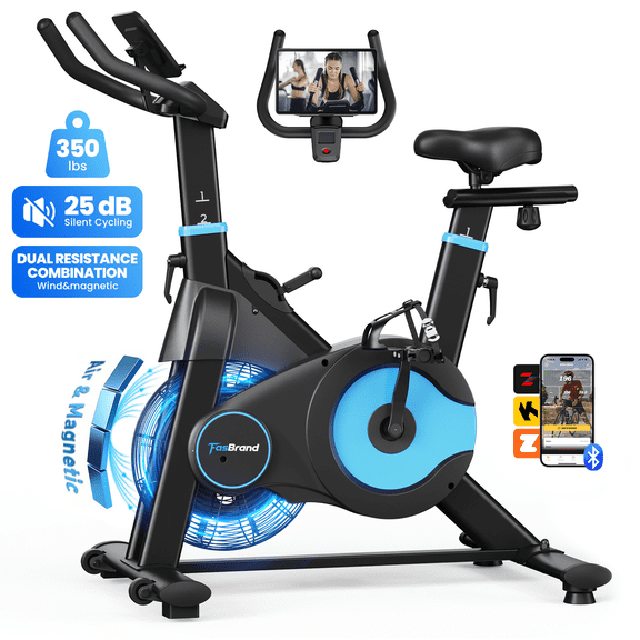 FasBrand Exercise Bike, Air & Magnetic Resistance Stationary Bike for Home, Silent Belt Drive, App Compatible Cycling Bike with LCD Monitor, 350lbs Capacity Workout Bike