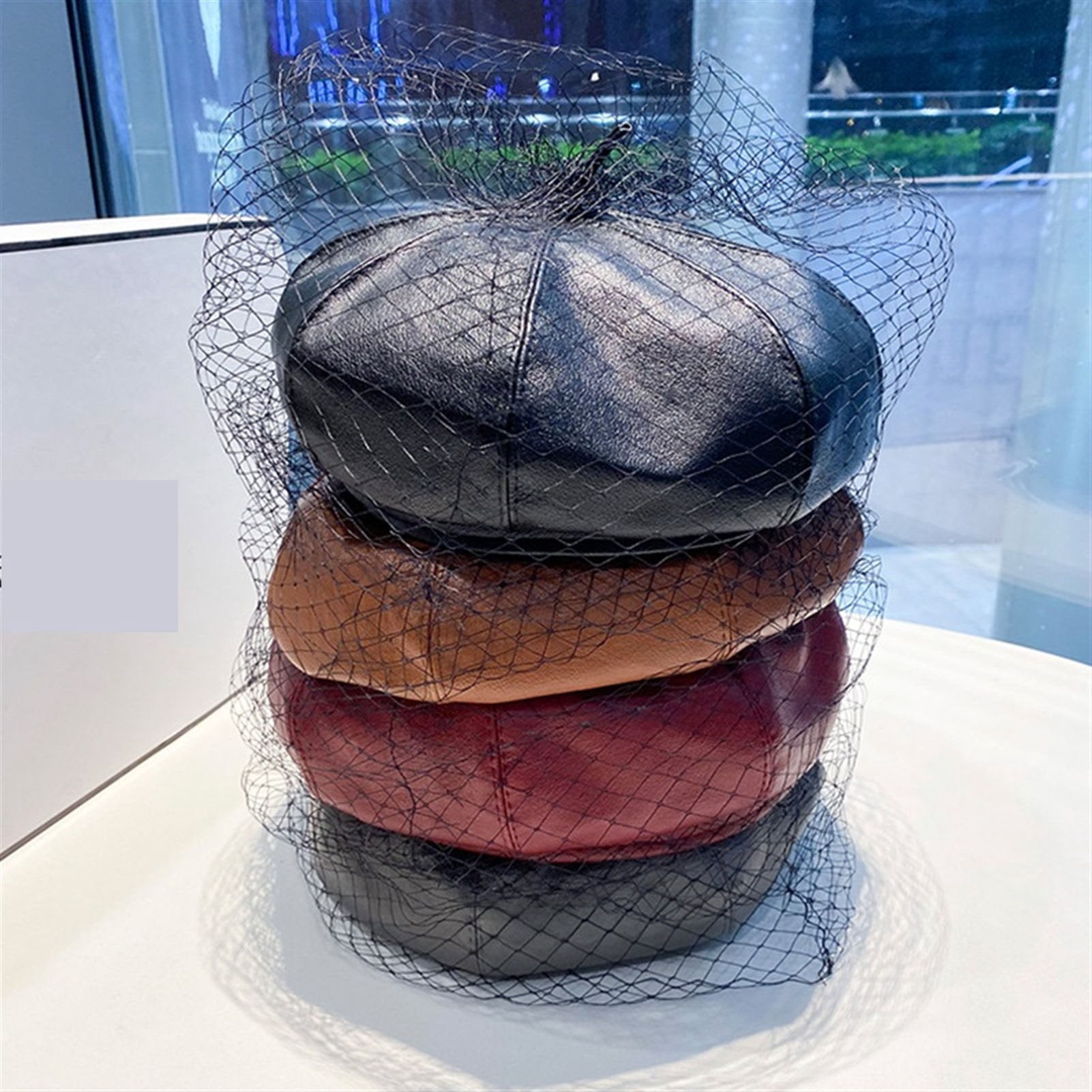 Fascinating Black Beret Hats For Women Chic Leather French Beret With Veil Mesh Show Double Layer Beanie Caps Bonnet Femme Cap ,Classic Design
