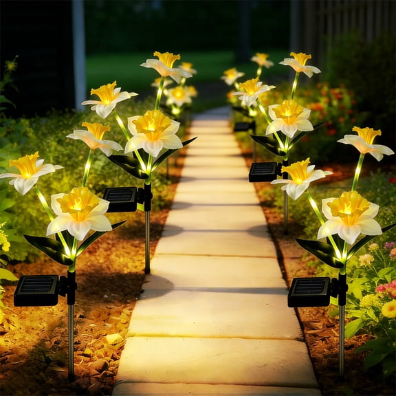 Fascinating Floral Glow, 27.6 Inch Solar Daffodil Garden Light, Waterproof Outdoor Stake Lamp & Multi Head Artificial Plant for Yard Landscape