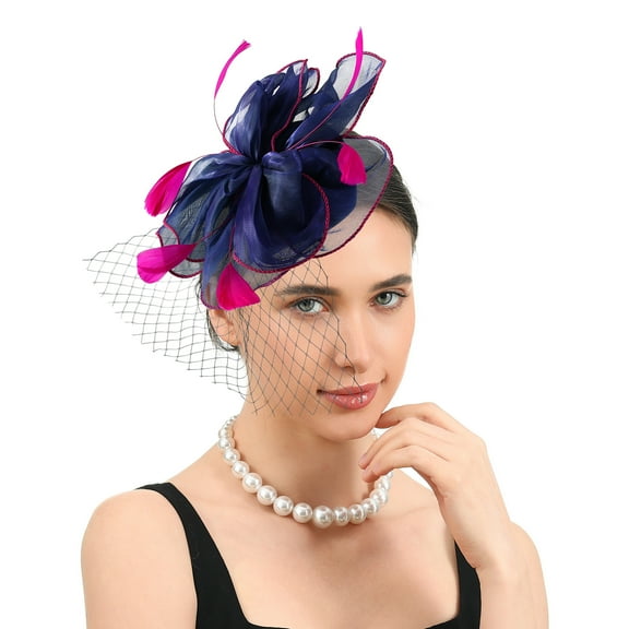 Fascinator Feather Flower Hair Clip  for Women Tea Party Hats Headband Vintage Elegance Hat for Weddings (Navy Blue)