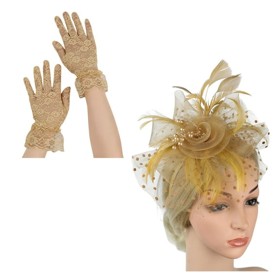 Fascinator Feathered Embellished Pillbox Derby Hat With Netting and Wrist Lace Gloves Set For Race Day Prom Occasion
