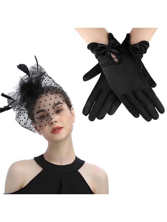 Fascinator Hat Set for Women, Funeral Veil Hat, Cocktail Tea Party Headpiece, and Lace Glove