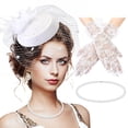 thumbnail image 1 of Fascinator Hat with Veil Feather Funeral Headpiece Lace Gloves Pearl Necklace, 1 of 8