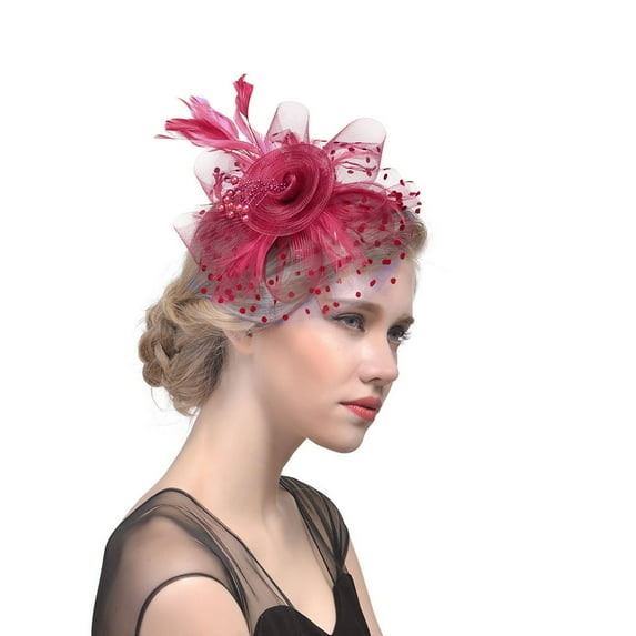 Fascinator Hats for Women, Audhol Hat for Women Tea Party Headband Wedding Flower Cocktail Mesh Feathers Hair Clip Ladies Hats Wine One Size