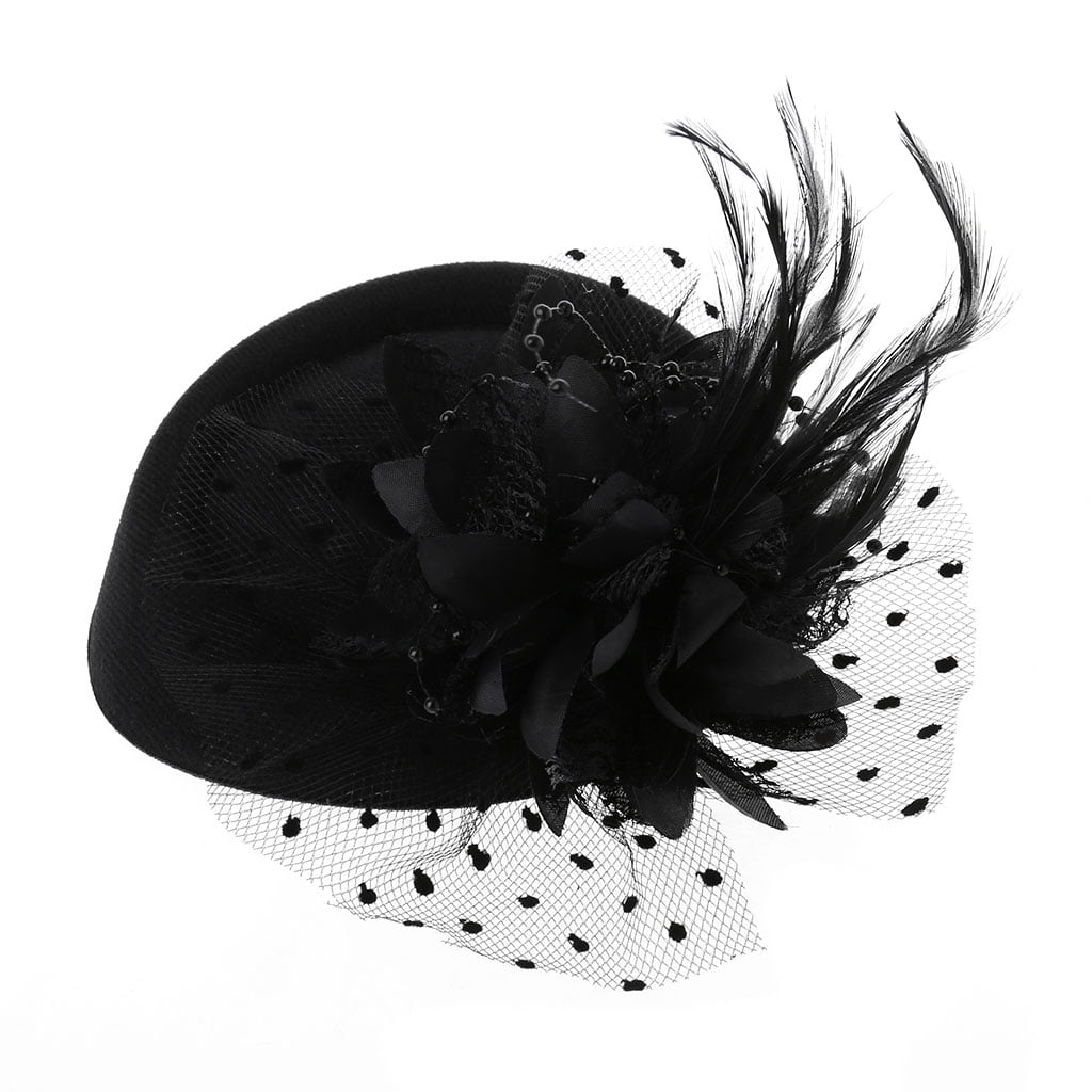 Fascinator Hats for Women Pillbox Cap with Flower Feather Mesh Veil and