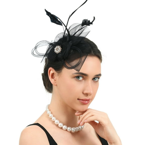 Fascinators Bridal Wedding Headflower Women's Mesh Tea Party Feather Hat Clip Hair Hoop（black）