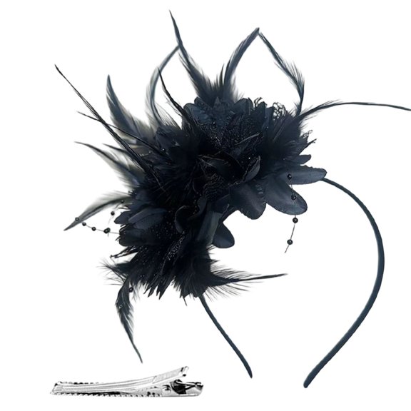 Fascinators Hat Flower Mesh Ribbons Feathers on a Headband and a Forked Clip with Feathers Cocktail Tea Party Headwear for Women and Girls