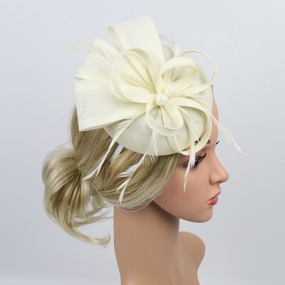 Fascinators Hat for Women Royal Banquet Ribbons Feathers Headwear Church for Women Cocktail Tea Party Wedding Bridal Derby Hat for Women Fascinators Hats for Women Tea Party Beige One Size