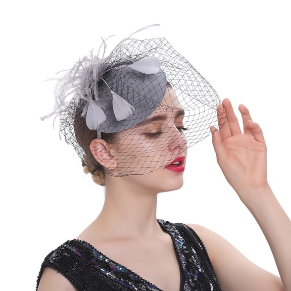 Fascinators Hats 20s 50s Hat Pillbox Hat Cocktail Tea Party Headwear with Veil for Girls and Women Gray
