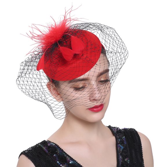 Fascinators Hats 20s 50s Hat Pillbox Hat Cocktail Tea Party Headwear with Veil for Girls and Women Red
