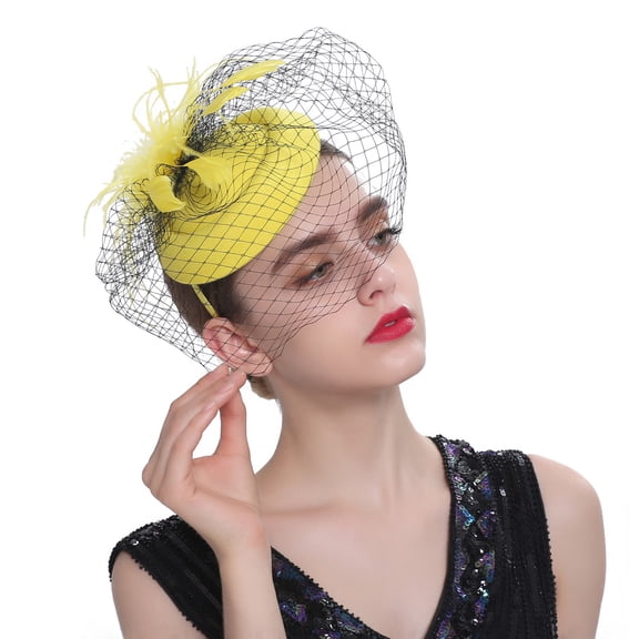 Fascinators Hats 20s 50s Hat Pillbox Hat Cocktail Tea Party Headwear with Veil for Girls and Women Yellow