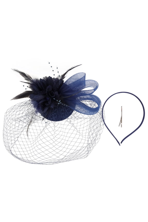 Fascinators Headband CQXIDFH Flower Pillbox Fascinator Hat, Wedding Headband with Clips for Cocktail & Church Events (Navy, One Size)