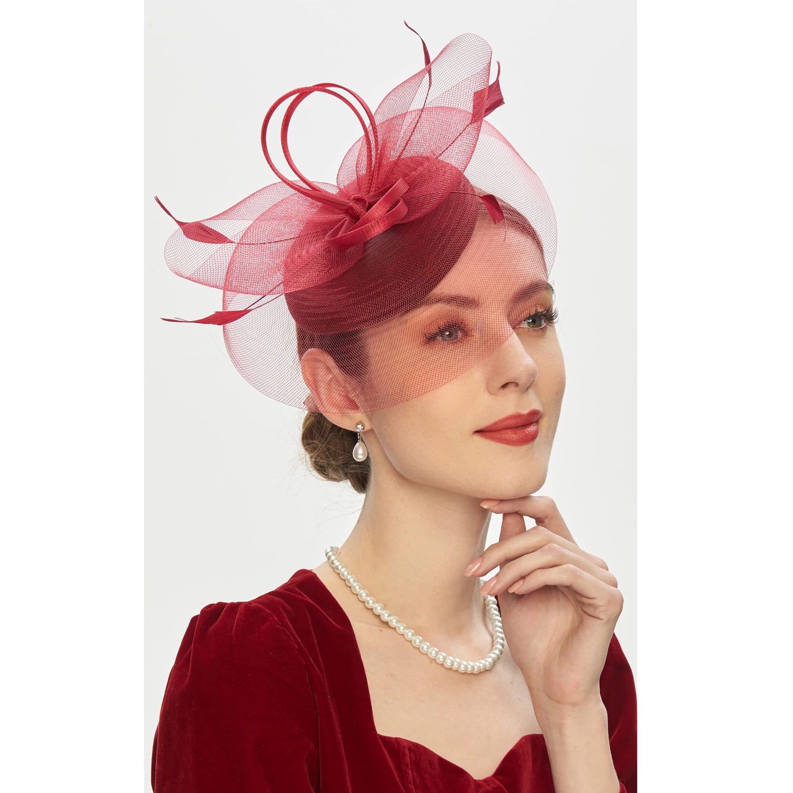 Fascinators Headband Tea Party Hats for Women Royal Wedding Hat Feather Mesh Hair Clip Red Walmart