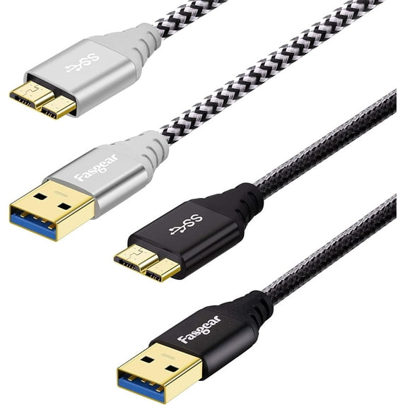 Fasgear 2 Pack USB 3.0 to Micro B Cable-Nylon Braided 5Gbps Charging and Syncing for Galaxy Note 3, Hard Drive, Mobile Hard Disk (3ft, Black, Gray)