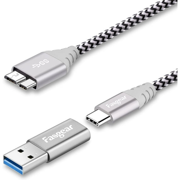 Fasgear Micro B to USB Cord, Divided into USB 3.0 to Type C Female Adapter and Type C to Micro B Nylon Braided Cable Fast Charging and Syncing Compatible With Toshiba and More (1ft, Gray)