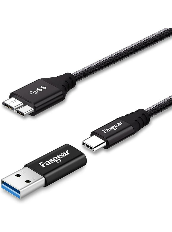 Fasgear Micro B to USB Cord, Divided into USB 3.0 to Type C Female Adapter and Type C to Micro B Nylon Braided Cable Fast Charging and Syncing for Toshiba and More (1ft, Black)