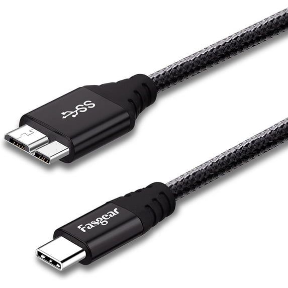 Fasgear Short Nylon Braided Metal Connector Type C 3.0 to Micro B Cable,USB C to Micro 3.0 Cord 1ft, Fast Charging Syncing Compatible for Toshiba Canvio,Westgate,Seagate,Galaxy S5 Note 3,etc (Black)