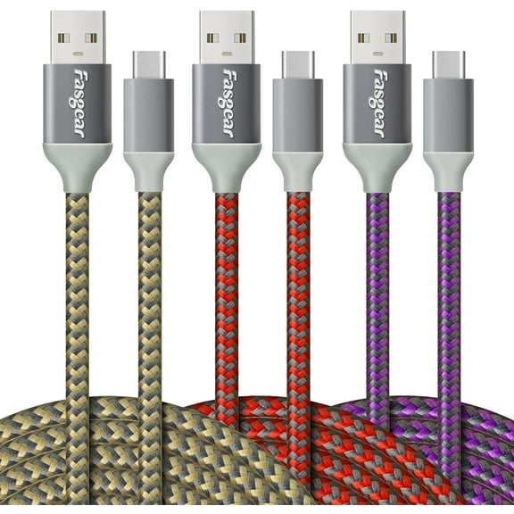Fasgear USB to USB C Cable 10ft,3 Pack Long Type C Cable Nylon Braided Fast Charging Compatible with Galaxy Note 8 9 S8/S9/S10/S10+, LG V20/G6 and More 3m(Gold/Red/Purple)