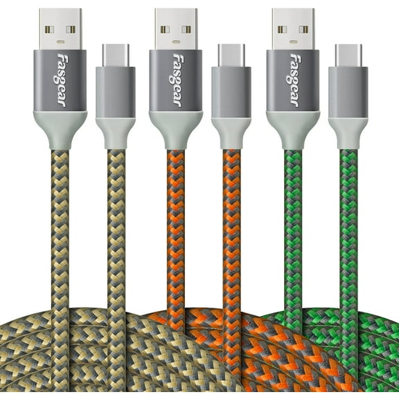 Fasgear USB to USB C Cable 10ft/3m,3 Pack Long Type C Cable Nylon Braided Fast Charging Compatible with Galaxy Note 8 9 S8/S9/S10/S10+, LG V20/G6 and More (Green/Gold/Orange)