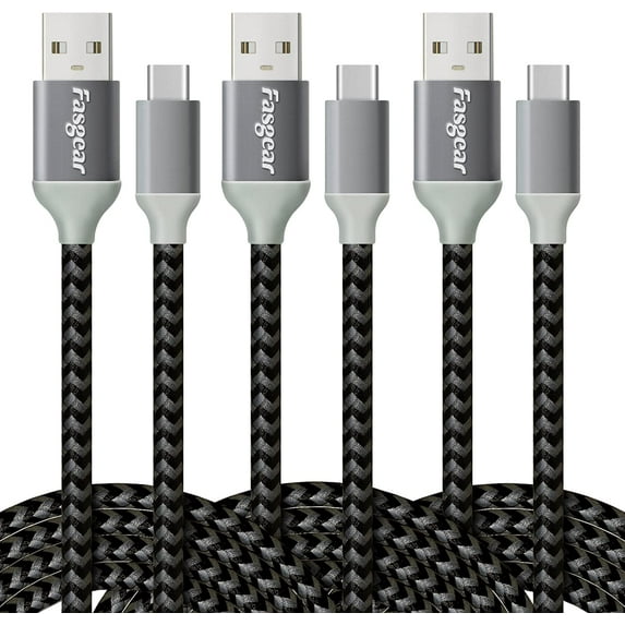 Fasgear USB C Cable 3 Pack 6ft/1.8m 3A Fast Charging Nylon Braided USB 2.0 Type C Cord Compatible for Galaxy S22 S21 Ultra S10, LG V50 V40, USB C Charger, PS5 Controller(3 PCS Black)