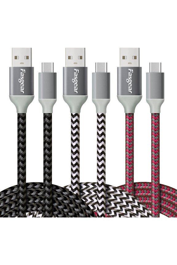USB C Cable 3 Pack 6ft 3A Fast Charging Nylon Braided USB 2.0 Type C Cord Compatible for Galaxy S22 S21 Ultra A51 A12, Note 10 9 8, USB C Charger, PS5 Controller 1.8m(Black,White,Rose)